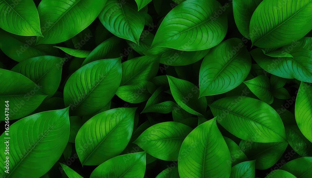 Poster Lush verdant leaves intertwine to form a dense, vibrant tapestry of natural texture and deep shadows creating an atmosphere of calm