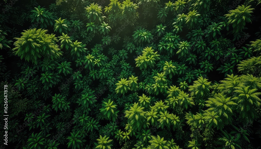 Poster aerial view of a dense forest canopy featuring lush green foliage and intriguing patterns in the tre