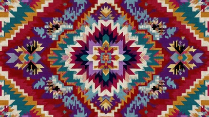 Vibrant geometric aztec-inspired textile pattern with bold colors and intricate designs. Ethnic vector seamless pattern.