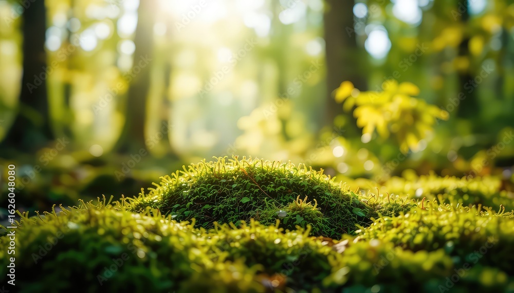 Poster forest floor covered in vibrant green moss with sunlight filtering through the trees illuminating a 