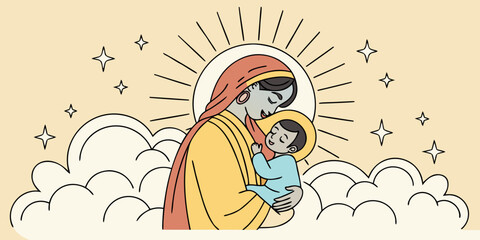 Stylized illustration of the virgin mary holding the baby jesus surrounded by clouds and stars