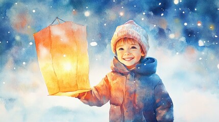 Joyful caucasian child holding lantern in snowy winter wonderland. St. Martin's Day