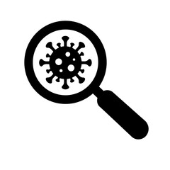 Obraz premium Black silhouette icon of a magnifying glass closely examining a stylized virus or microbe with spike proteins.
