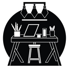 Creative studio desk with art supplies and lighting stool laptop