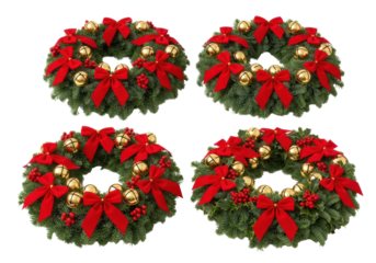 Four distinct Christmas wreaths crafted from lush evergreen foliage, adorned with red velvet bows, golden jingle bells, and red holly berries, on a transparent studio background. Festive product