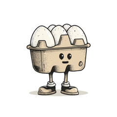 Cartoon egg carton with eyes mouth and legs standing with four eggs food