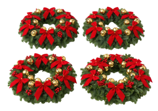 Four distinct Christmas wreaths crafted from lush evergreen foliage, adorned with red velvet bows, golden jingle bells, and red holly berries, on a transparent studio background. Festive product