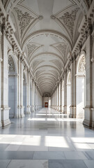 Obraz premium Grand ornate architectural hallway with sunlight streaming through arches and columns
