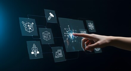 Hand interacts with a holographic interface displaying 3D modeling and design icons.