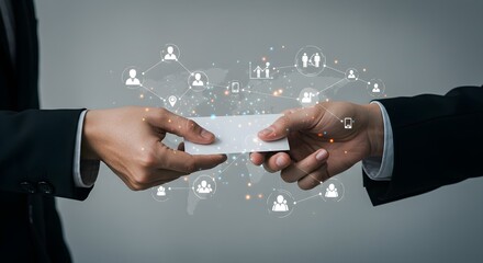 Business networking: exchanging contact information, global connections visualized.