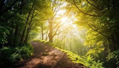 Obraz premium Sunlight filtering through the lush green canopy of a dense forest, illuminating a winding, earthy path