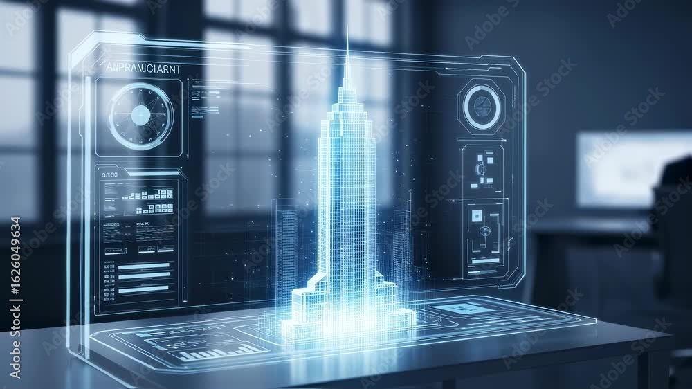Poster man using futuristic transparent display with holographic skyscraper building design, technology and