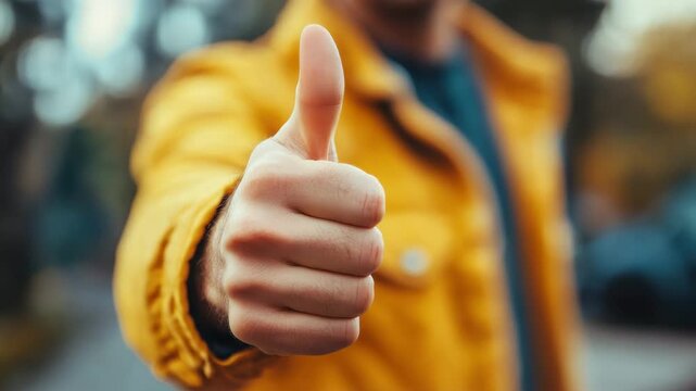 Thumbs up hand gesture showing approval and positivity with person wearing yellow casual jacket outdoors close up blurred background symbolizing success confidence encouragement support