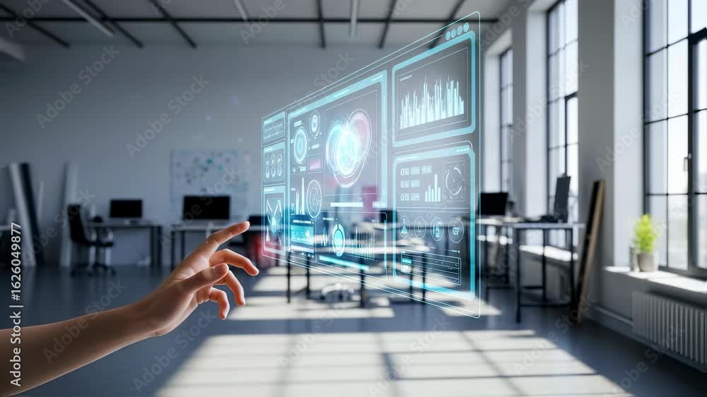 Poster woman interacting with a holographic display featuring data charts and future user interface in a mo