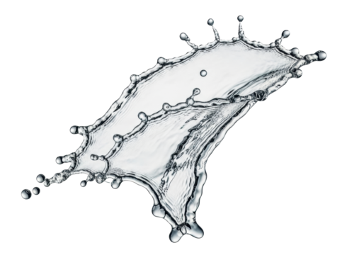 Dynamic, pristine, clear, translucent water splash with individual droplets and complex patterns, frozen mid-air, isolated against a seamless transparent studio background with no shadows. Concept of