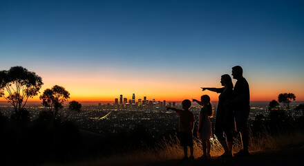 The silhouettes of a family are shown at dusk, their forms outlined against a colorful sky.