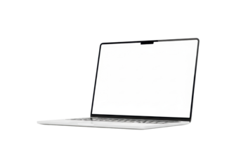 A sleek, modern laptop with a blank white screen, clean casing, and contemporary design, captured in a 3/4 view on a seamless transparent plain with no shadows, creating a minimalist, isolated