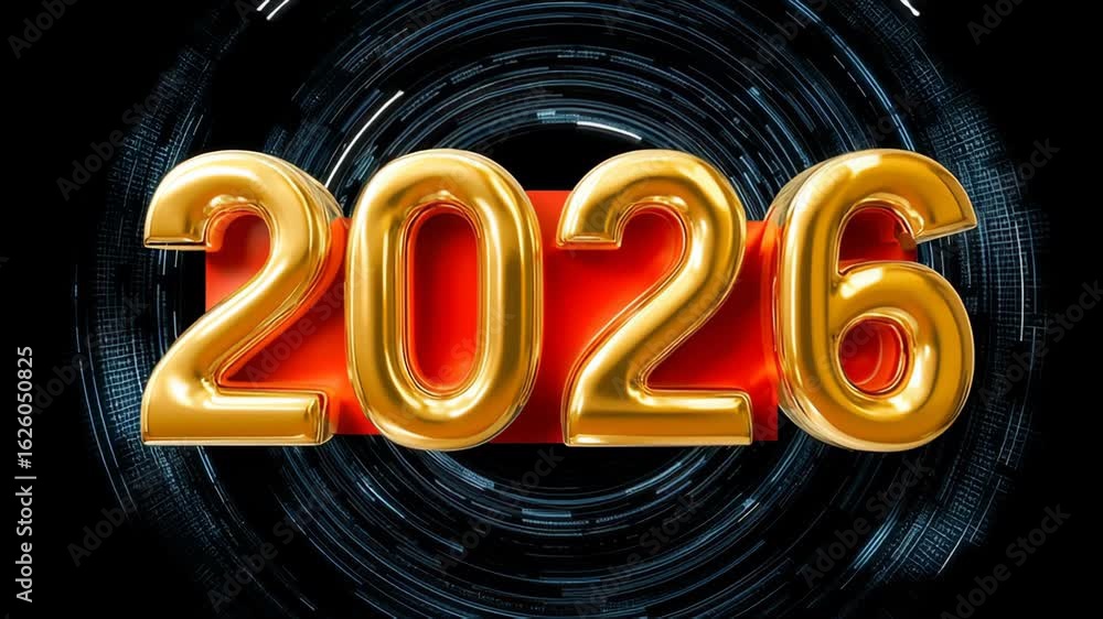 Poster golden 3d numbers representing the year 2026, set against a vibrant red background with a futuristic