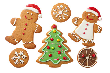 Assortment of festive christmas gingerbread cookies isolated on transparent background