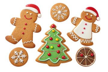 Assortment of festive christmas gingerbread cookies isolated on transparent background