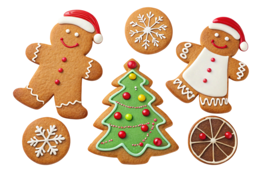 Assortment of festive christmas gingerbread cookies isolated on transparent background - Powered by Adobe