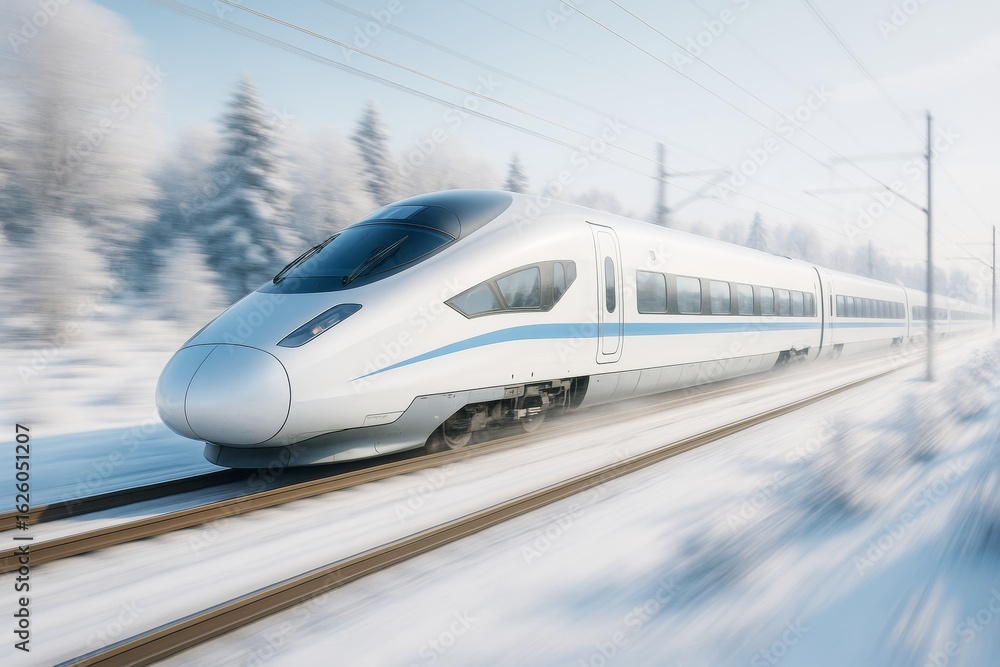 Poster high-speed futuristic bullet train in motion on snowy railway with winter forest background and soft