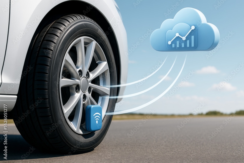 Poster smart tire sensor transmitting data to cloud analytics system from car wheel on road, concept of iot