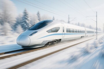 Naklejka premium High-speed futuristic bullet train in motion on snowy railway with winter forest background and soft light effect in abstract style. Ai generative