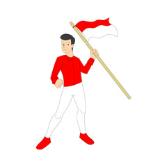 A man dressed in red and white is standing while holding an Indonesian flag. Indonesian Independence Day theme. August 17th. Nationalist spirit. Flat character. Vector illustration.