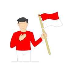 A man dressed in red and white stands holding the Indonesian flag. A heartfelt pose. Indonesian Independence Day theme. August 17th. Nationalist spirit. Flat character. Vector illustration.