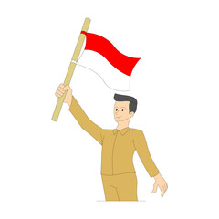 A man in brown clothes is standing while holding an Indonesian flag. Indonesian Independence Day theme. August 17th. Nationalist spirit. Flat character. Vector illustration.