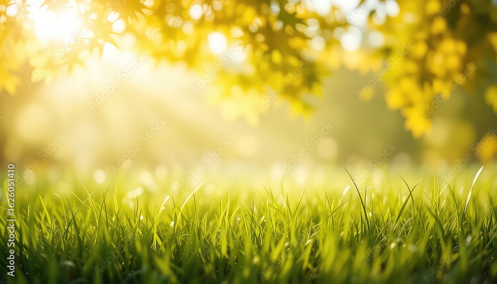 Poster sunlight streams through the leaves of a tree onto a field of fresh green grass, creating a peaceful