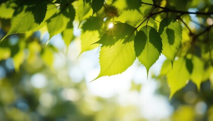 Sunlight filters softly through vibrant green leaves creating a refreshing and natural scene, full of life