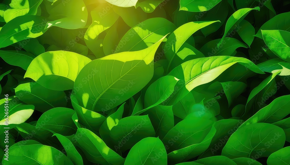 Poster lush green foliage displaying vibrant textures and illuminating sunlight filtering through dense can