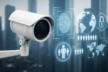 Surveillance camera and biometric security interface with digital icons on technology background in cityscape concept of data protection and privacy.