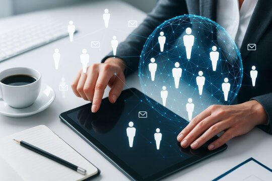 Businesswoman using tablet with digital human icons and email symbols representing global communication and networking technology concept.