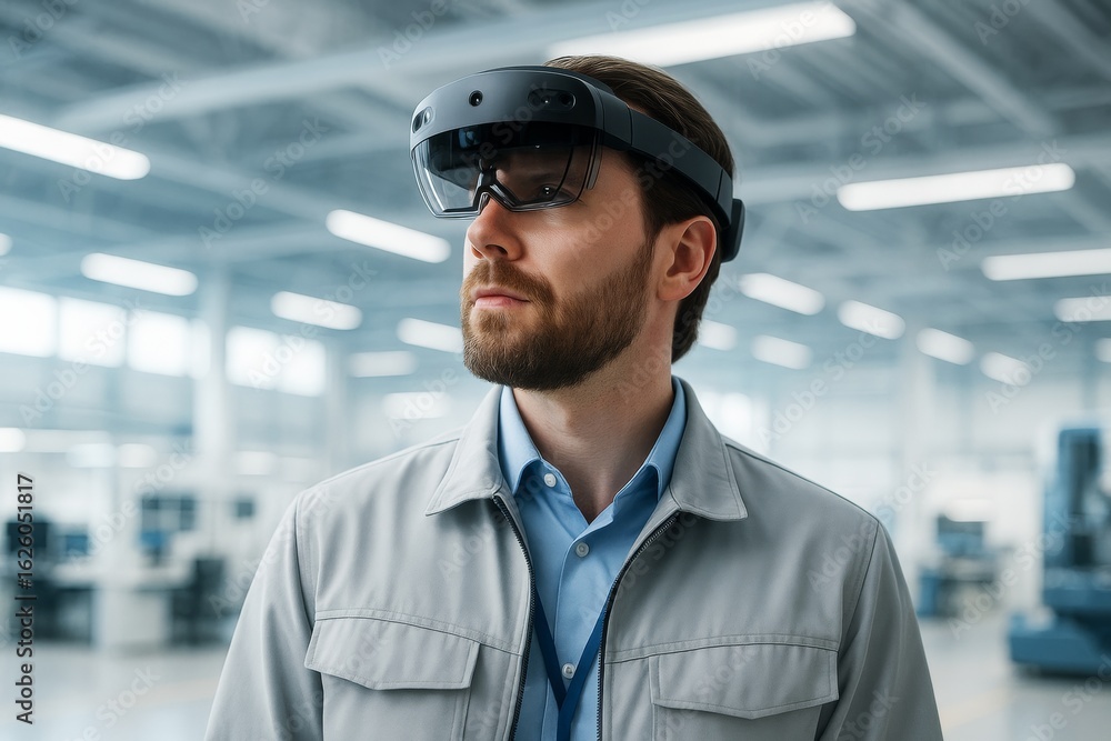 Poster engineer wearing augmented reality headset in modern industrial setting with bright lighting and hig