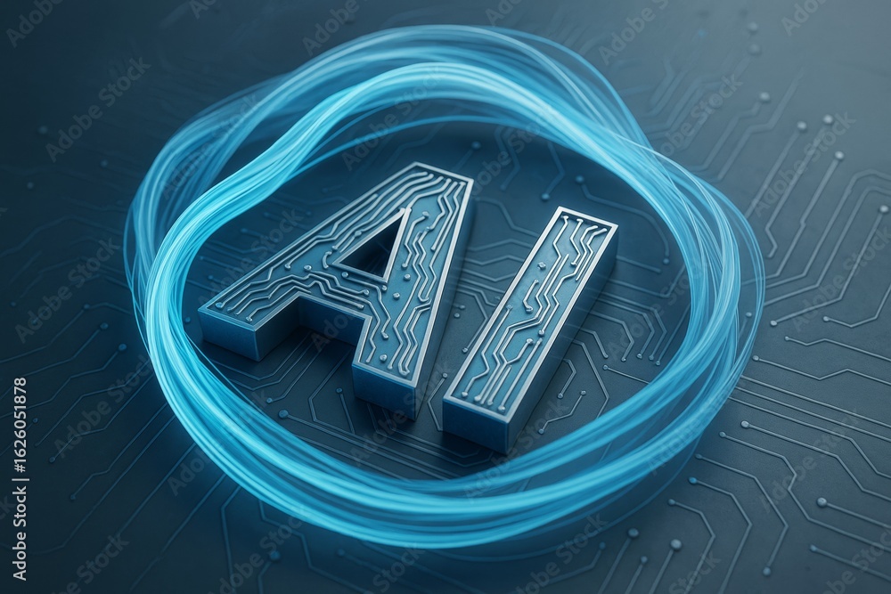 Poster futuristic ai typography with circuit pattern and glowing blue light swirl on digital technology bac