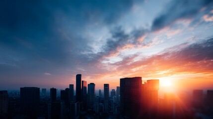 Fototapeta premium Commercial office buildings skyline at sunrise long title Commercial high rise buildings forming a vibrant skyline illuminated by the warm glow of