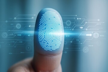 Fingerprint scanning biometric identification with digital circuit elements on blue background, illustrating modern security technology concept.