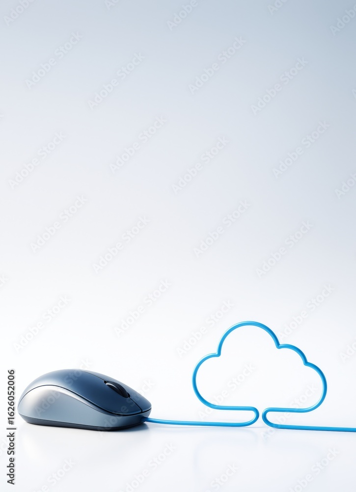 Aufkleber computer mouse with blue cable shaped like a cloud symbol on clean white background representing clo