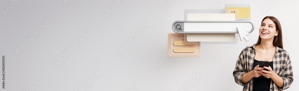 Poster young woman holding smartphone with search bar interface and web elements on light background for te
