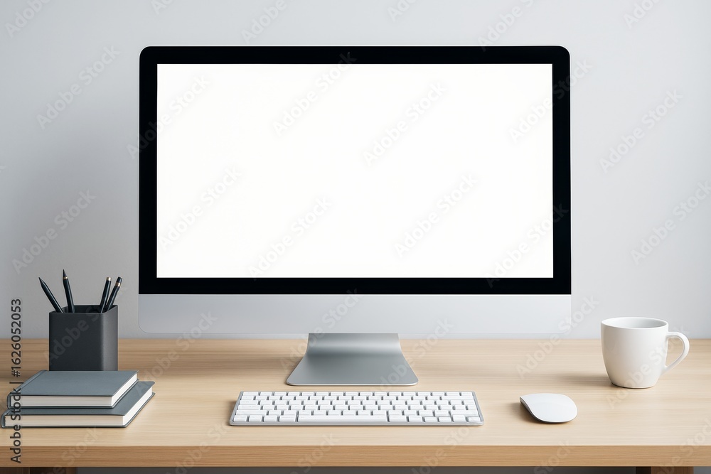 Poster minimal desktop setup with blank computer screen on light wood desk for mockup or design template in