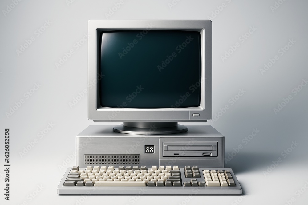 Poster retro desktop computer with crt screen and keyboard on light background, minimalist style for banner