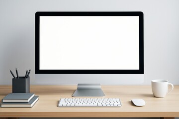 Fototapeta premium Minimal desktop setup with blank computer screen on light wood desk for mockup or design template in clean workspace background concept.