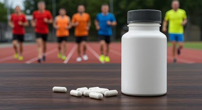 White medical bottle with white capsule pill on wooden table with blurred background of athletic men group running on track. Sport nutrition and supplement. - Powered by Adobe