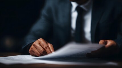 Lawyer reviewing important legal documents under focused lighting