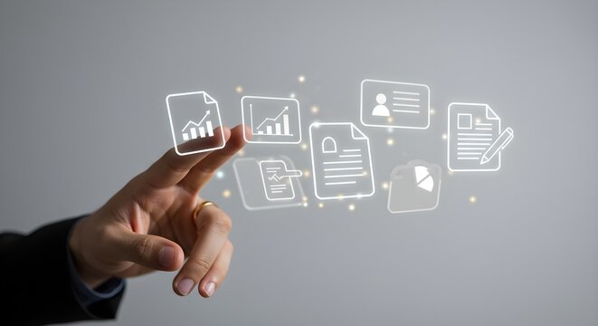 Hand interacts with digital documents, charts, and data visualizations, showcasing modern data management. - Powered by Adobe