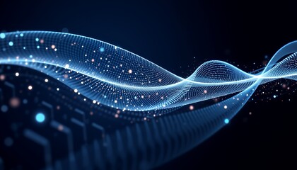Abstract blue digital wave of glowing particles and data streams