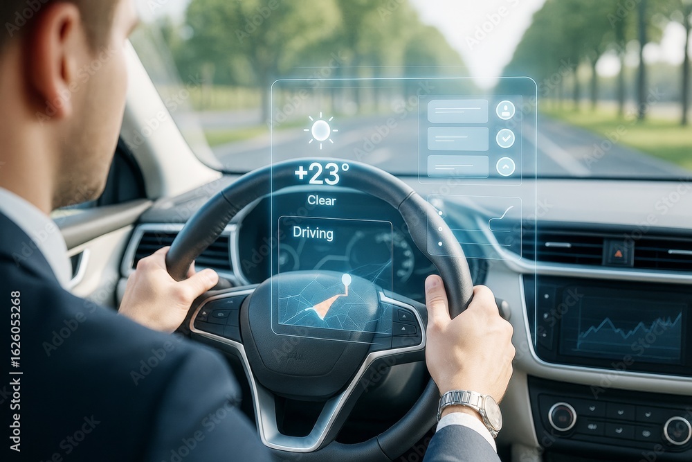 Poster man driving modern car with augmented reality dashboard on sunny day, showing navigation, weather, a